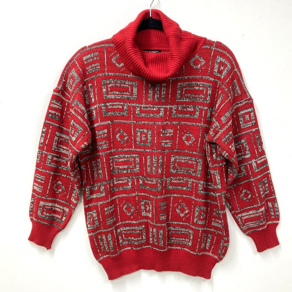 Kitty Hawk Vintage Sweater, Women's Sz Medium, Red White‎ Black Geometric Boxy